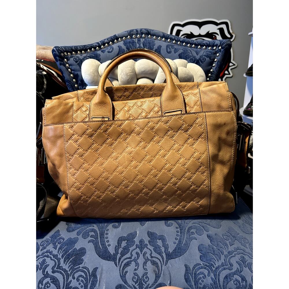 Vintage Tumi Camel Tan Leather Signature Embossed Tote - Picture 14 of 15